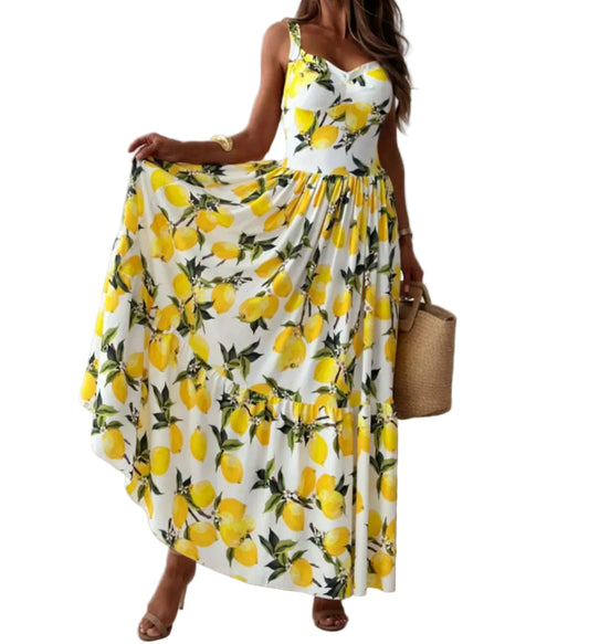Lemon Print Sleeveless Maxi Dress