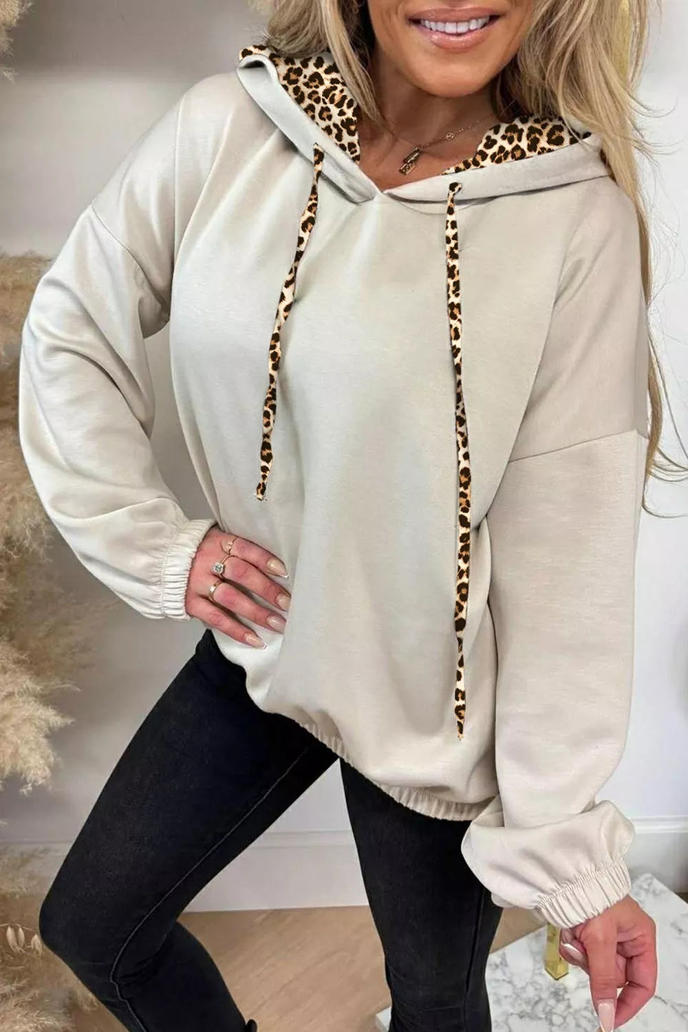 Leopard Print Detail Hoodie with Drawstring