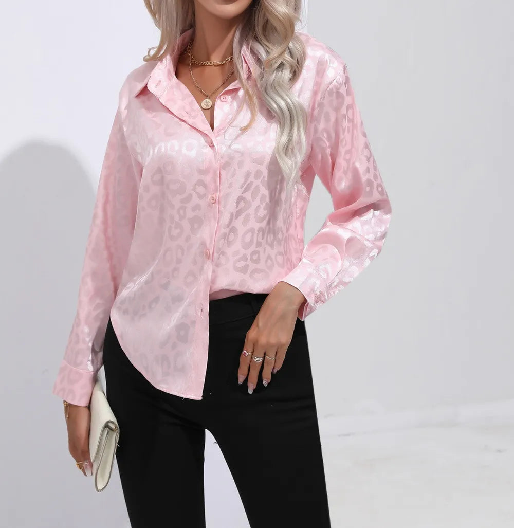 Leopard Print Long Sleeve Satin Shirt Pink