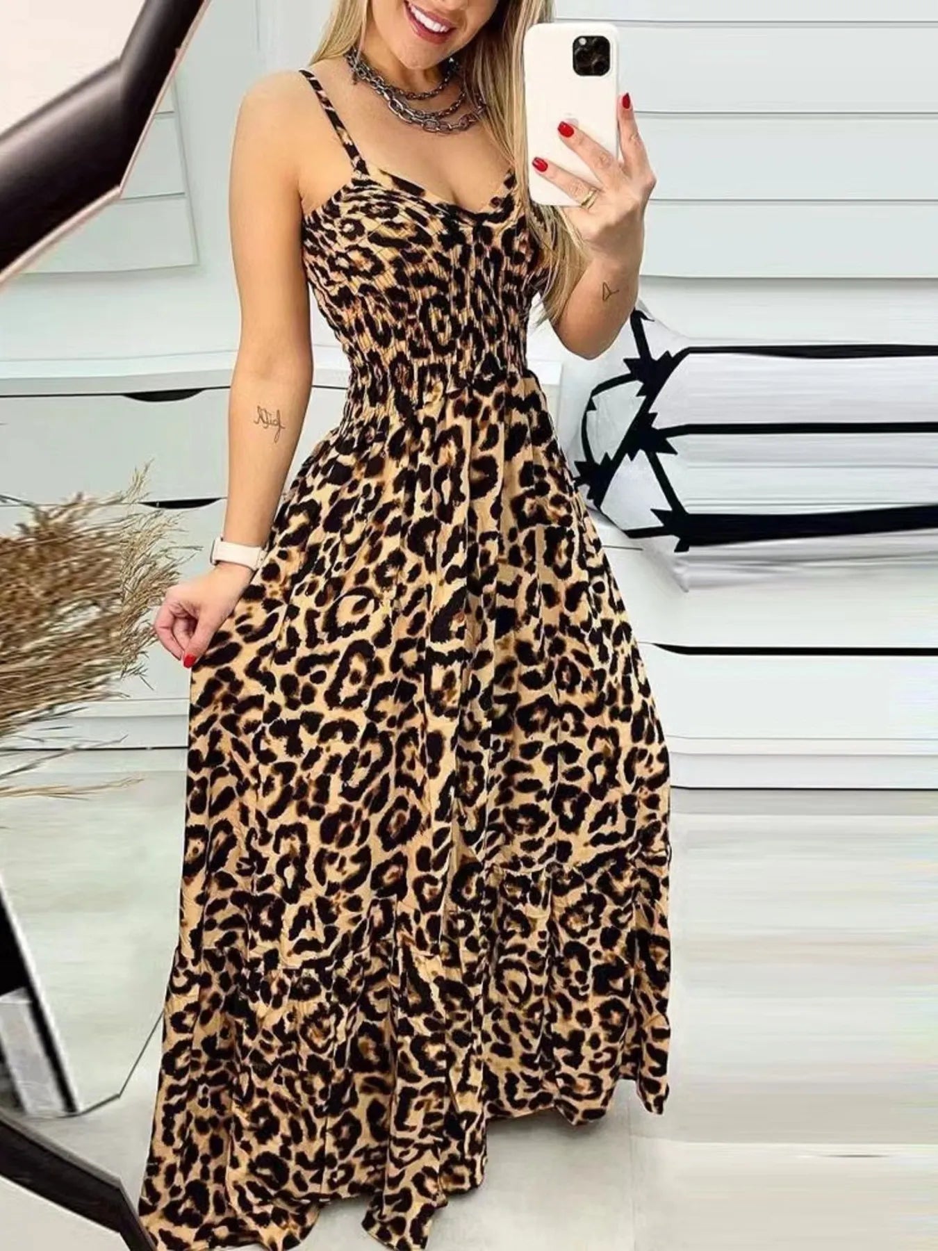 Leopard Print Maxi Dress - Spaghetti Strap Summer Dress tan