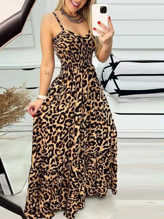 Leopard Print Maxi Dress - Spaghetti Strap Summer Dress tan