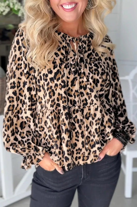 Leopard Print Tie-Neck Long Sleeve Blouse