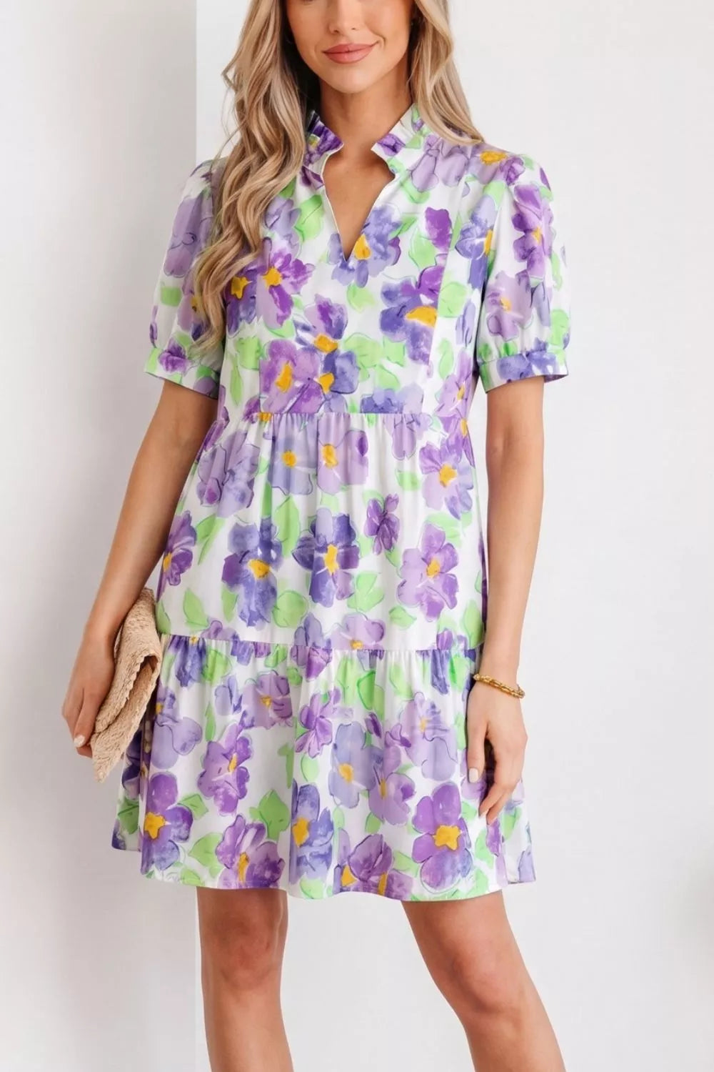 Lilac Floral Ruffle Collar Tiered Mini Dress