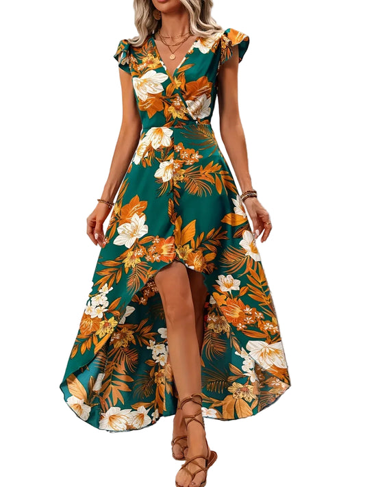Lily Print Green High-Low Maxi Dress