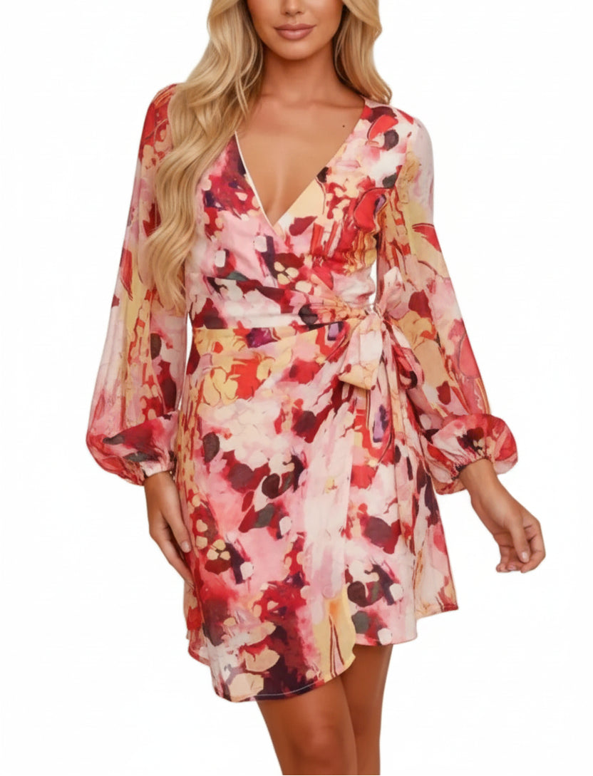 Long Sleeve Abstract Print Dress with Tie Waist