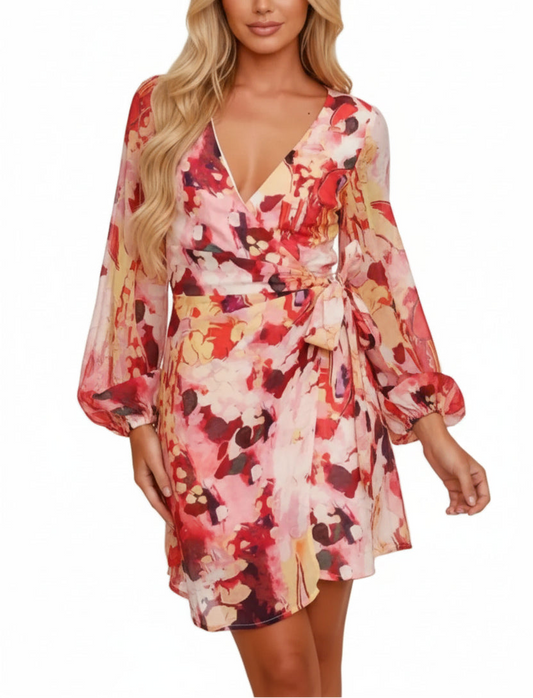 Long Sleeve Abstract Print Dress with Tie Waist