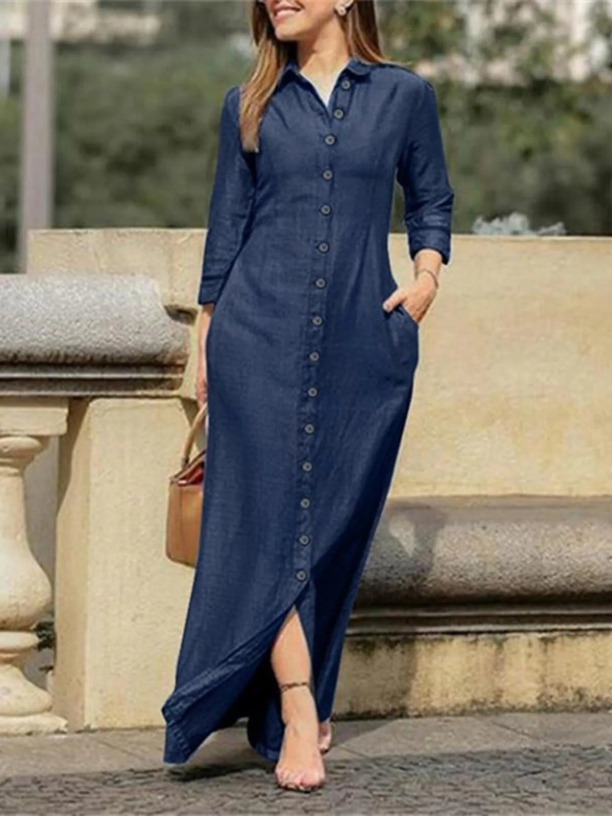 Long Sleeve Button-Down Maxi Denim Dress