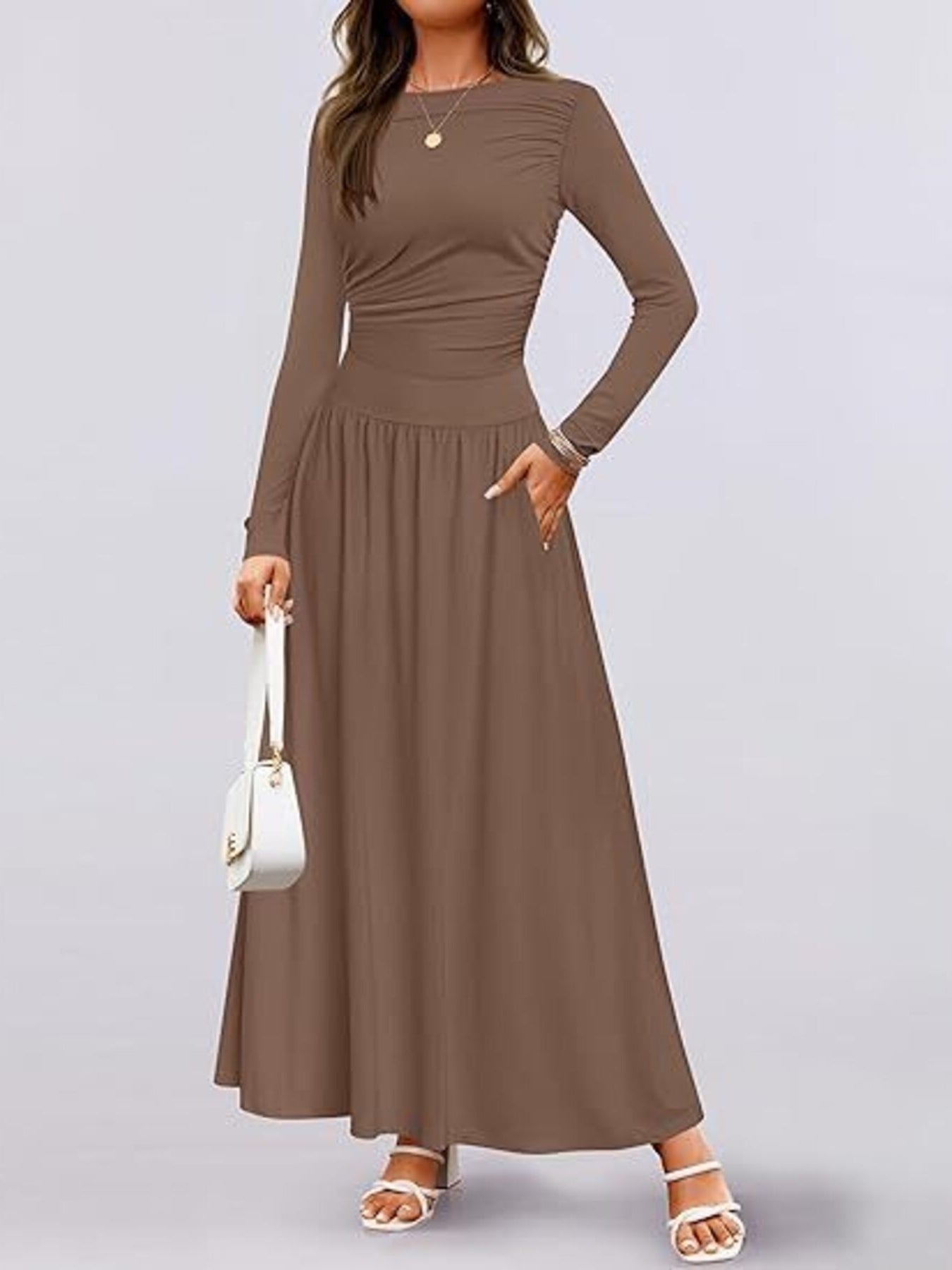 Long Sleeve Maxi Dress with Pockets Coffee