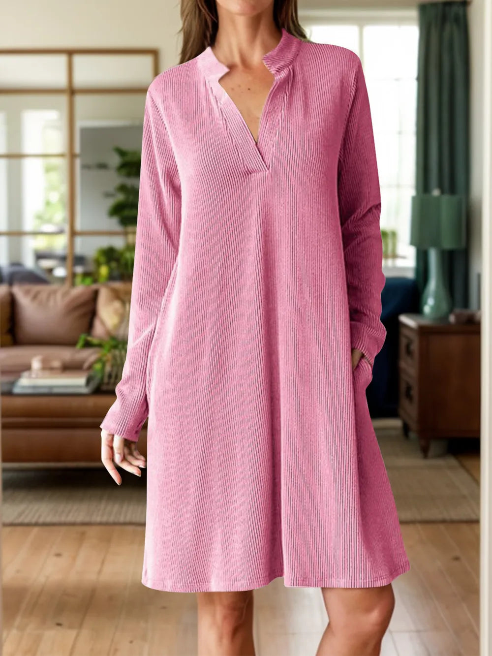 Long Sleeve Notched Dress with Pockets