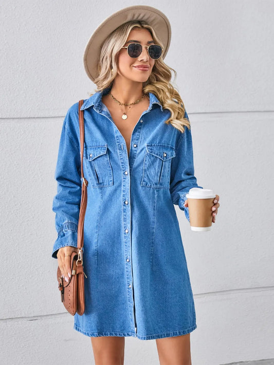 Long Sleeve Pocketed Denim Mini Shirtdress