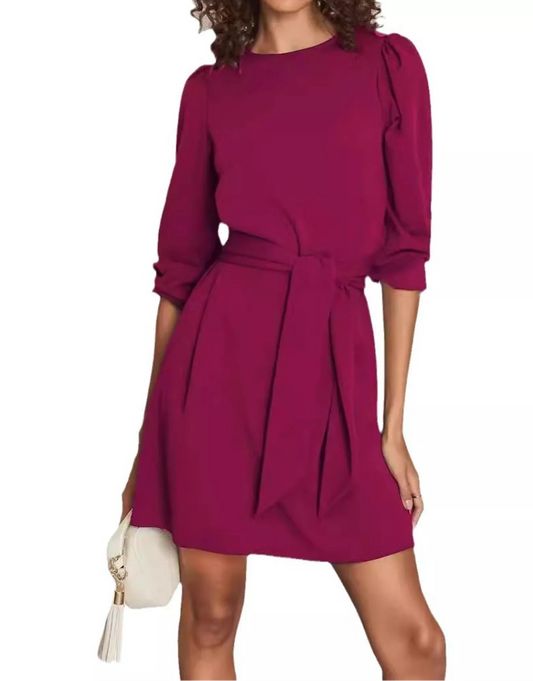 Long Sleeve Tie-Waist Mini Dress Wine Red