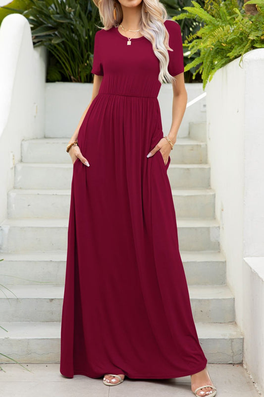 Maxi Dress with Pockets - Casual Round Neck Long Tee Dress