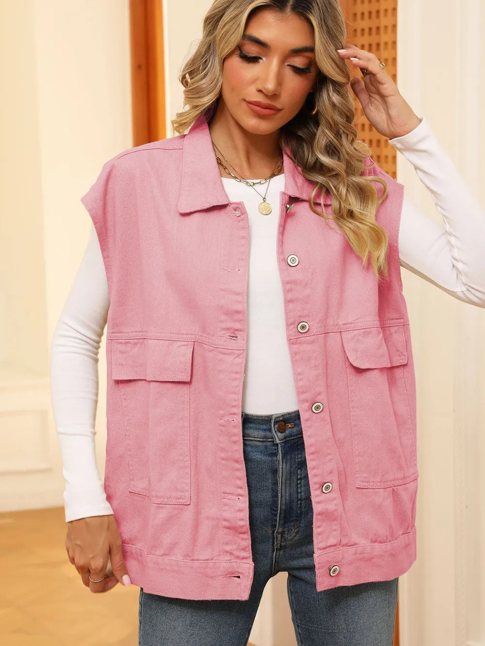 Modern 90's Retro Sleeveless Denim Jacket Pink