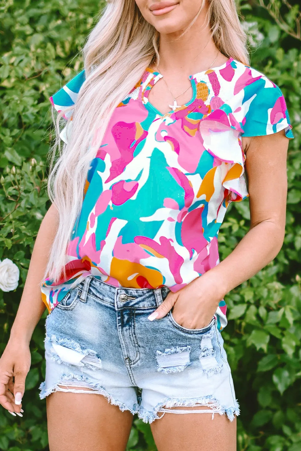 Modern Abstract Print Ruffle Sleeve Top