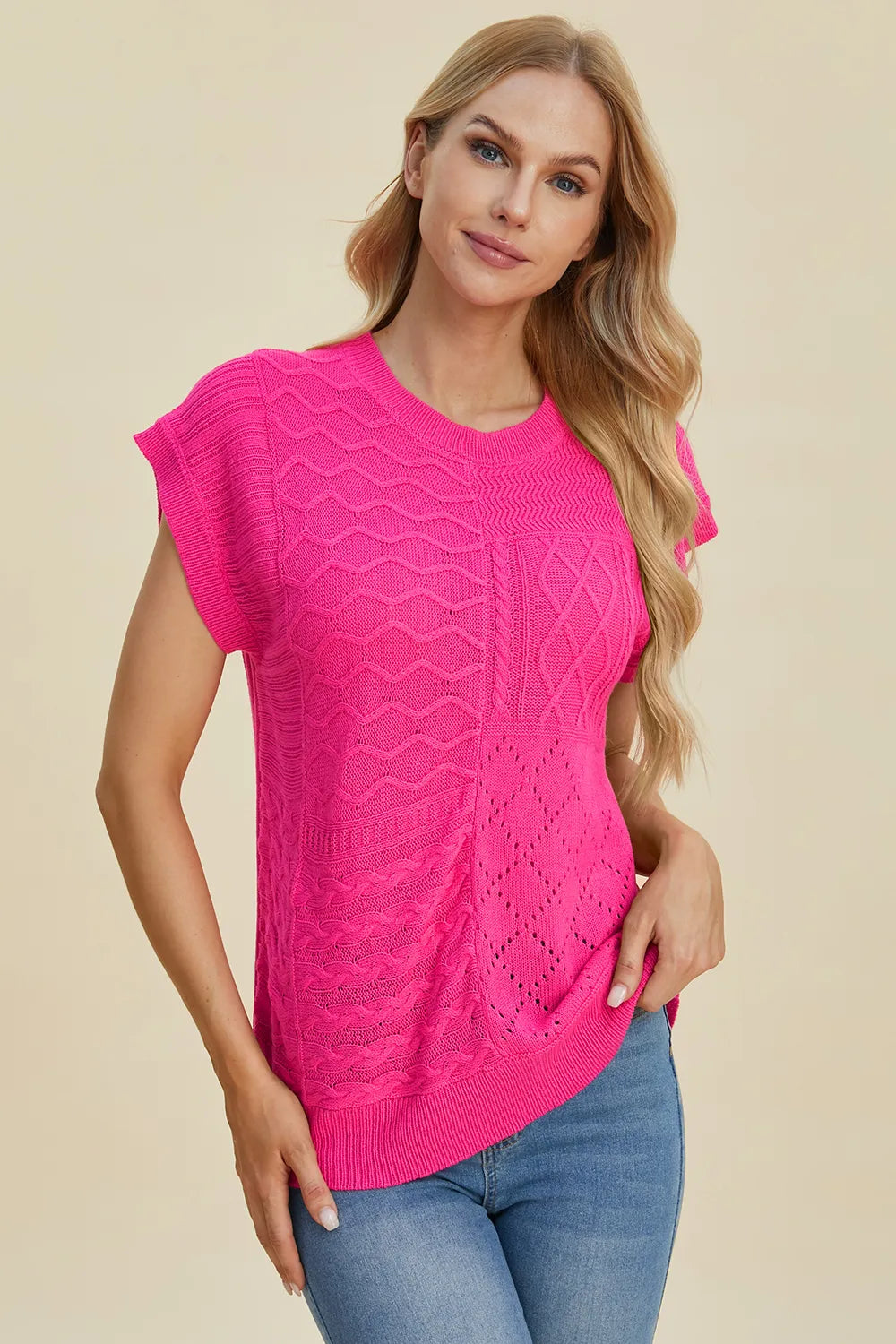 Modern Cable-Knit Cap Sleeve Sweater Hot Pink