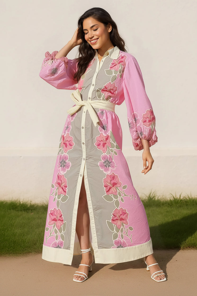 Modern Floral Balloon Sleeve Maxi Shirt Dress