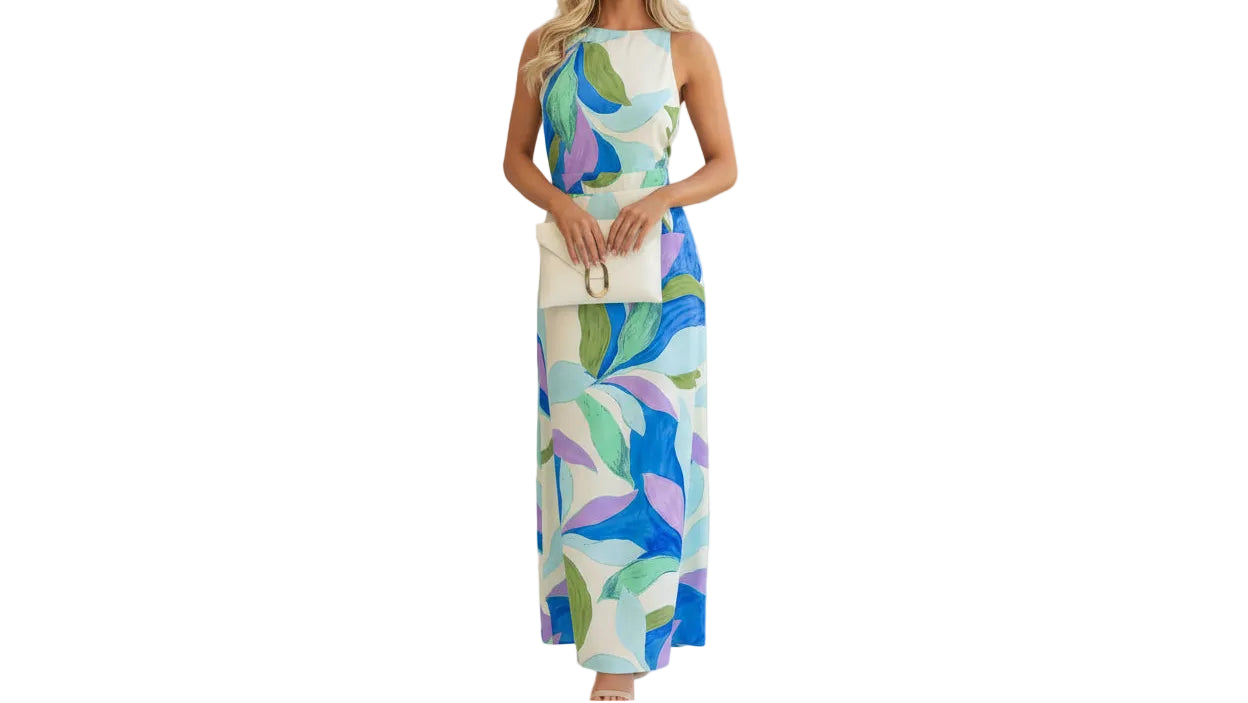 Modern Floral Criss-Cross Back Maxi Dress: Floral Slip Dress for Weddings & Parties