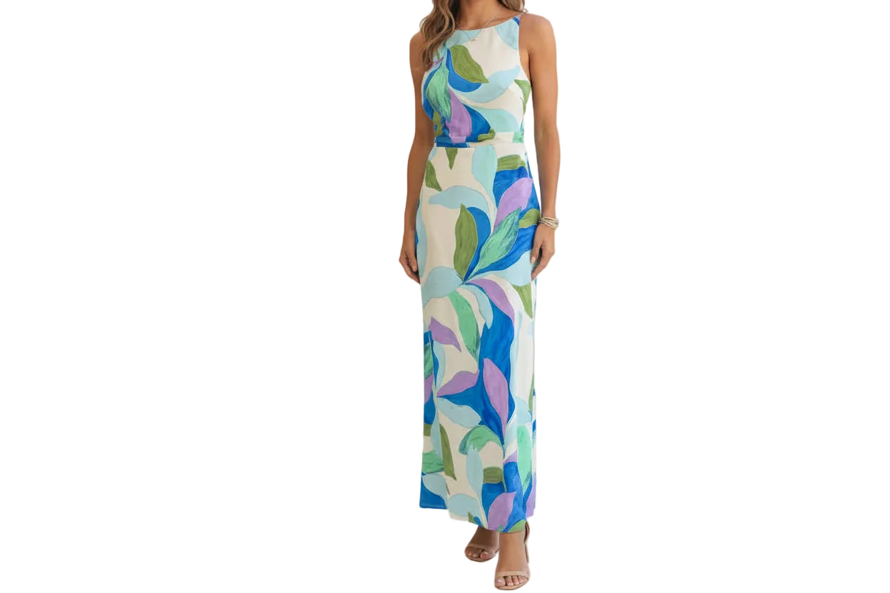 Modern Floral Criss-Cross Back Maxi Dress: Floral Slip Dress for Weddings & Parties Blue