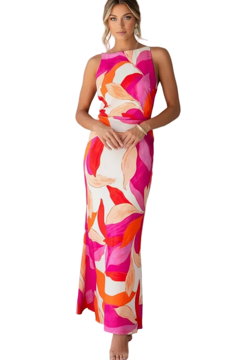 Modern Floral Criss-Cross Back Maxi Dress: Floral Slip Dress for Weddings & Parties Pink