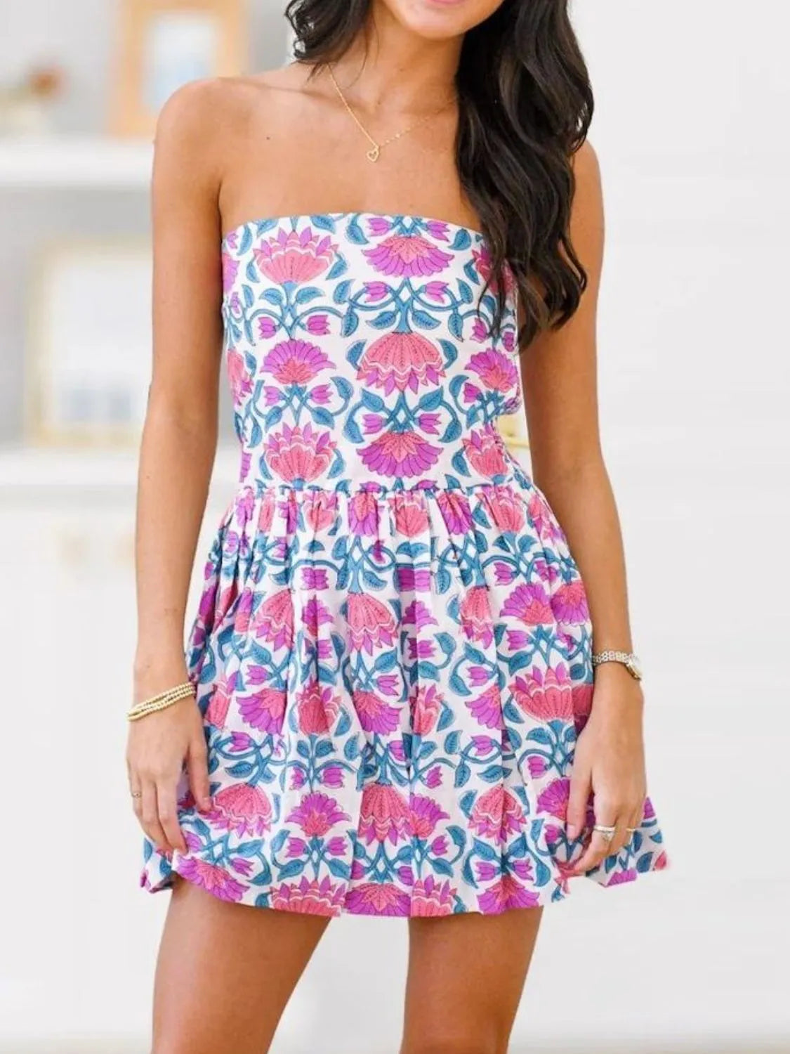 Modern Floral Print Tube Mini Dress