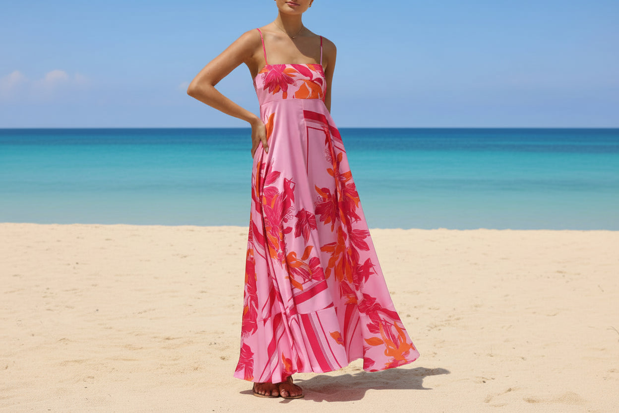 Multi-Print Modern Spaghetti Strap Maxi Hot Pink