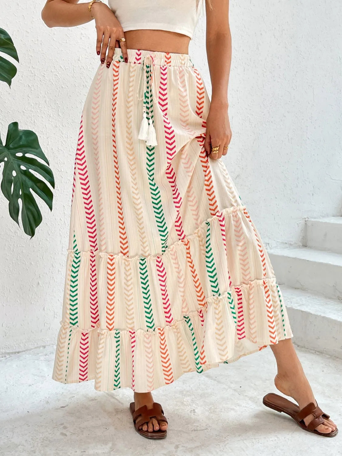 Multi-colour Striped Tiered Maxi Skirt