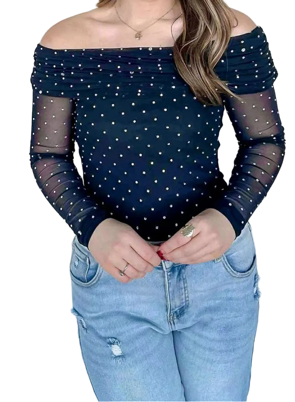Navy Off-Shoulder Polka Dot Mesh Blouse