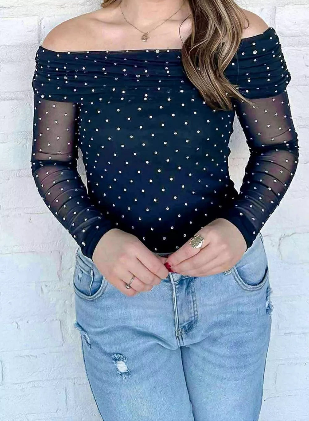 Navy Off-Shoulder Polka Dot Mesh Blouse