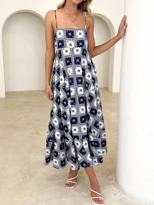 Navy Palm Print Cami Maxi Dress - Women's Summer Beach Dress