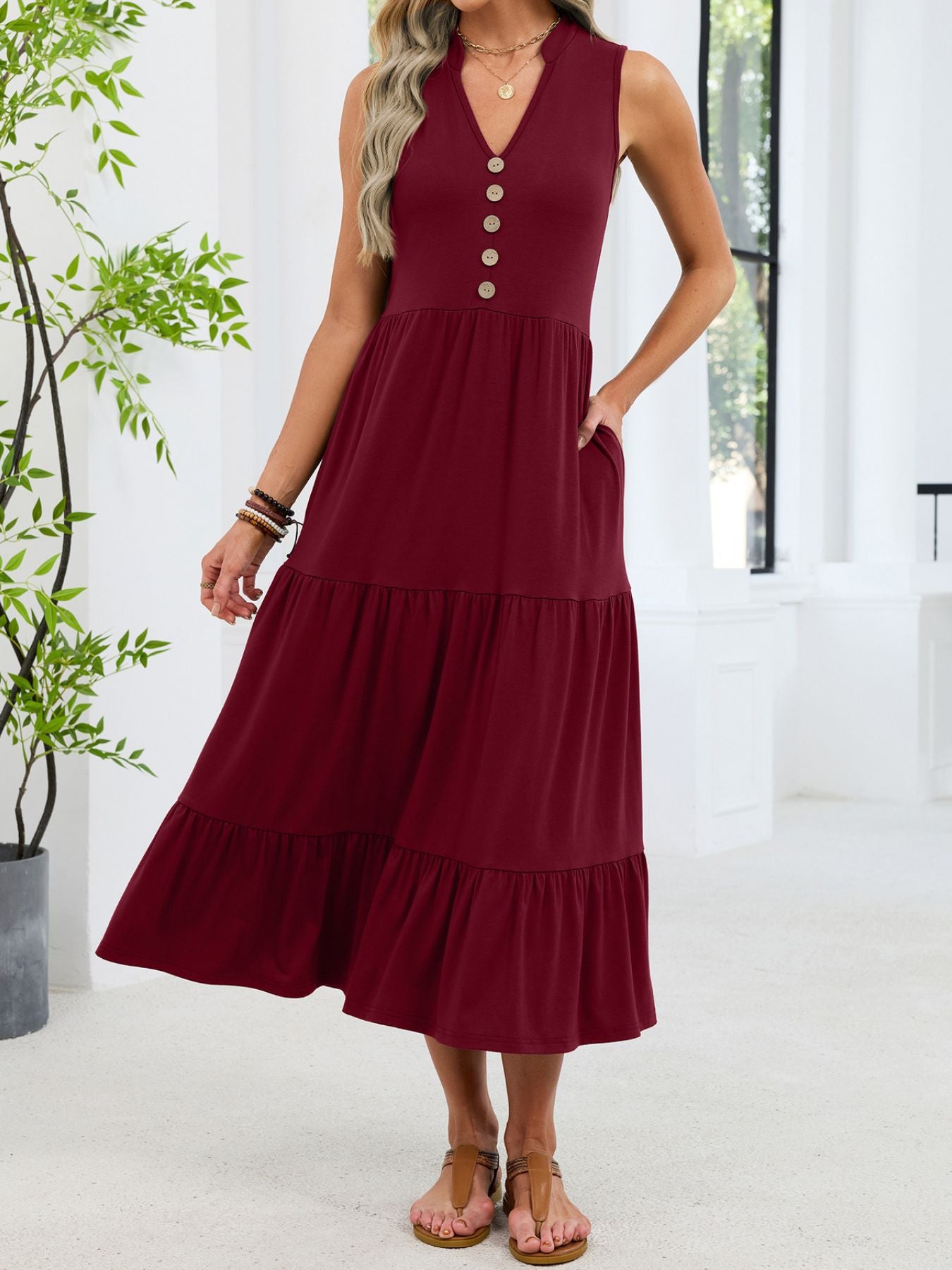 Notched-Neck Sleeveless Tiered Midi Dress with Pockets Burgundy