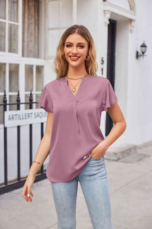 Notched Neck Flutter Sleeve Top