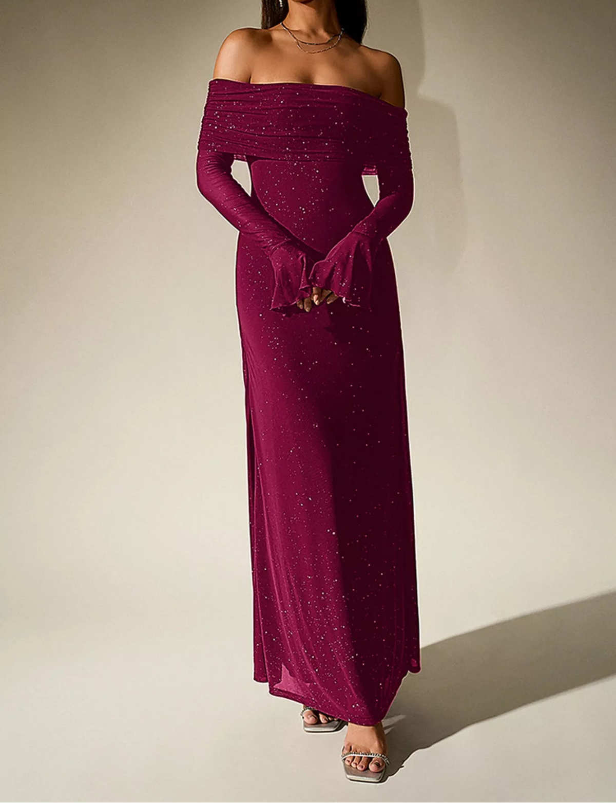 Off-Shoulder Glitter Maxi Dress