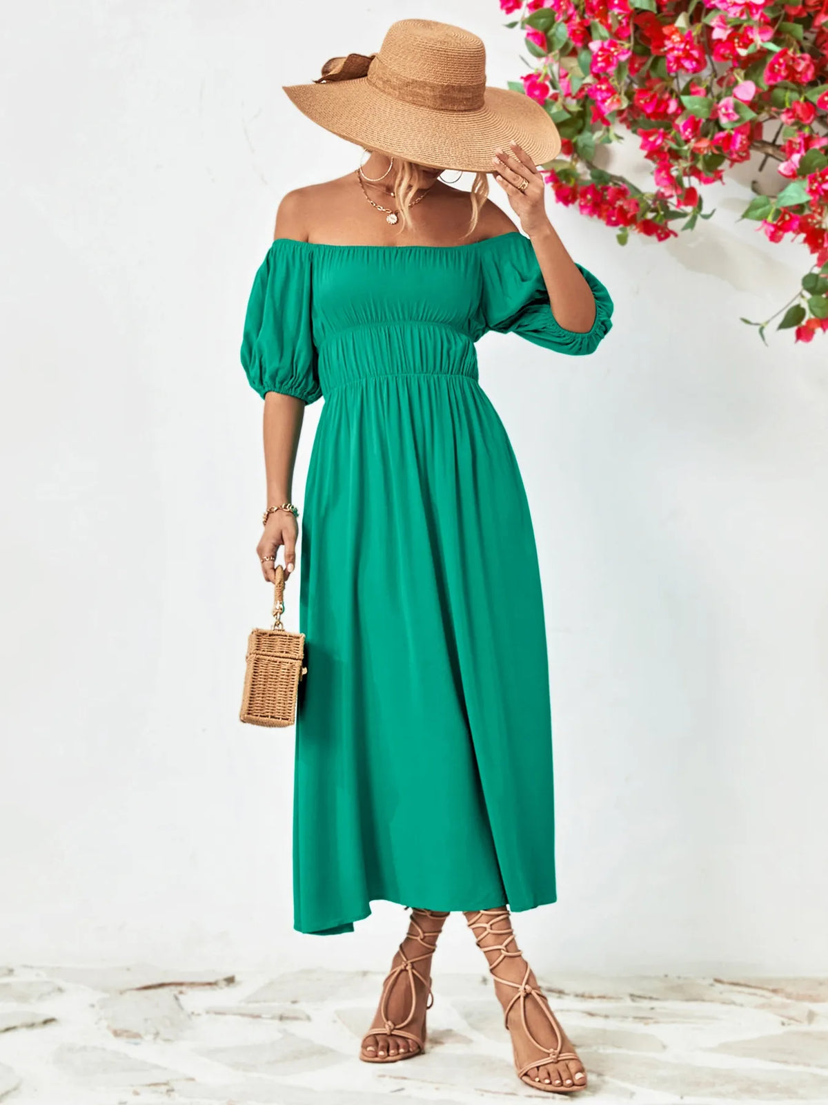 Off-Shoulder Puff Short Sleeve Midi Dress