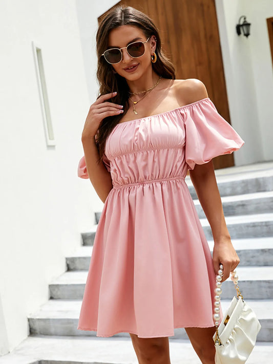 Off-Shoulder Puff Sleeve Mini Dress pink