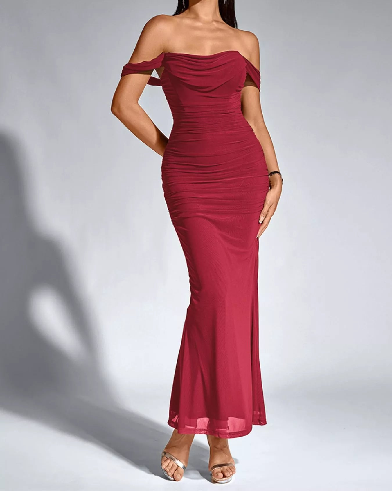 Off-Shoulder Ruched Mermaid Maxi Dress Burgundy