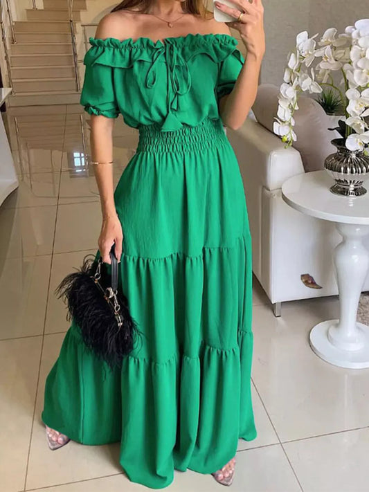 Off-Shoulder Ruffled Tiered Maxi Dress Green