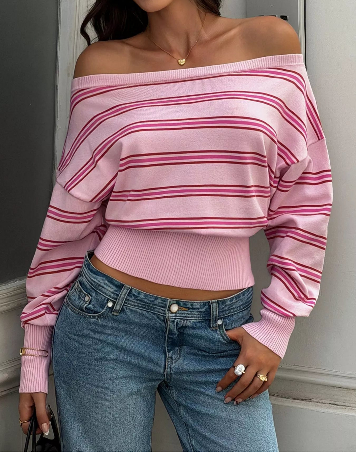 Off-Shoulder Striped Knit Top
