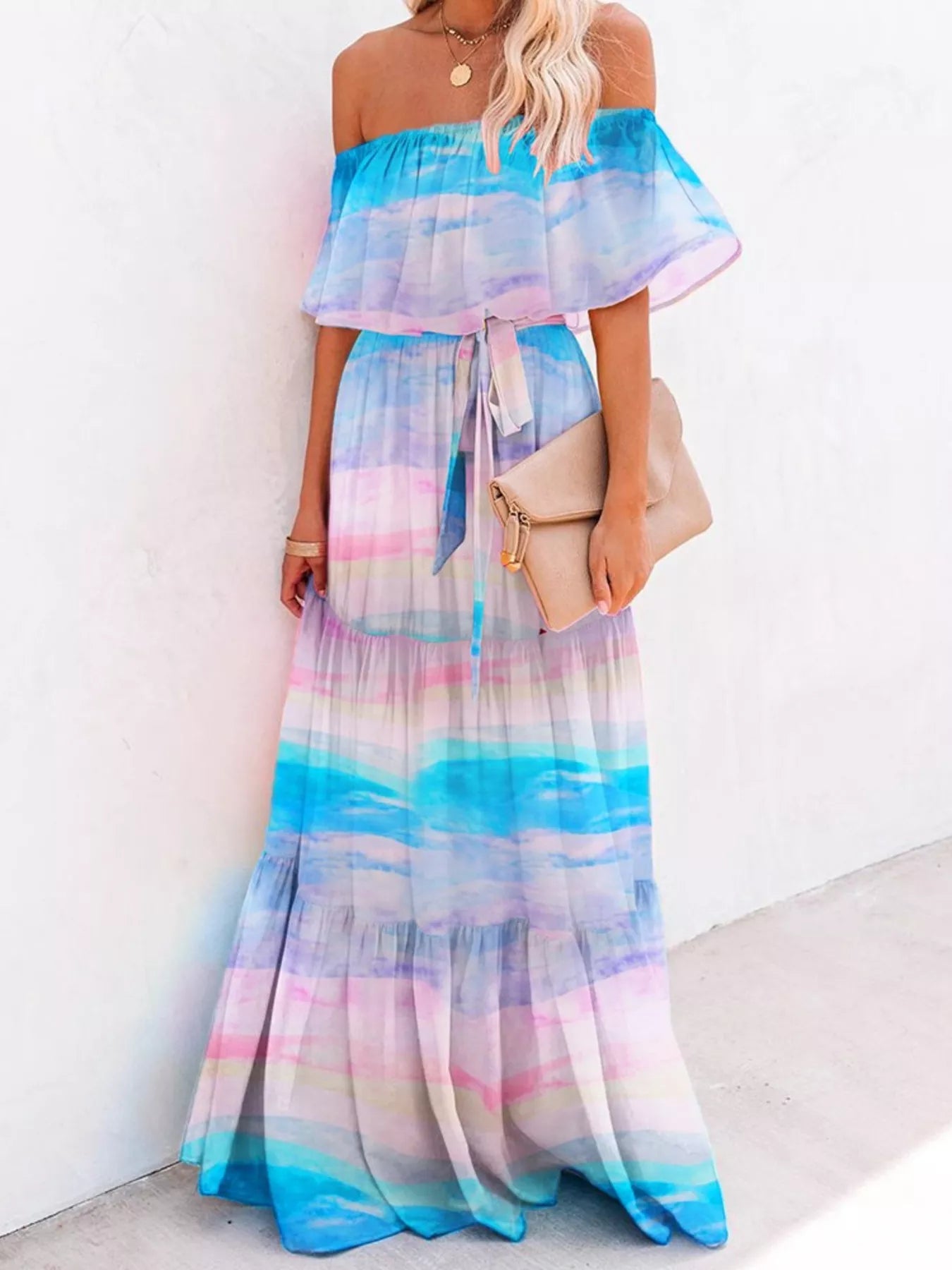 Off-Shoulder Tiered Maxi Dress Cloud Blue