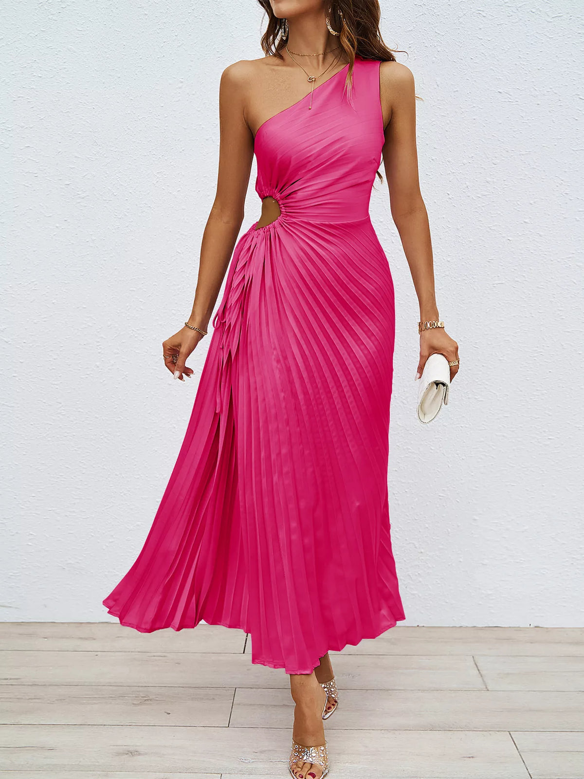 Marigold Collections Australia one-shoulder cutout pleated midi dress styled for formal or evening occasions.
