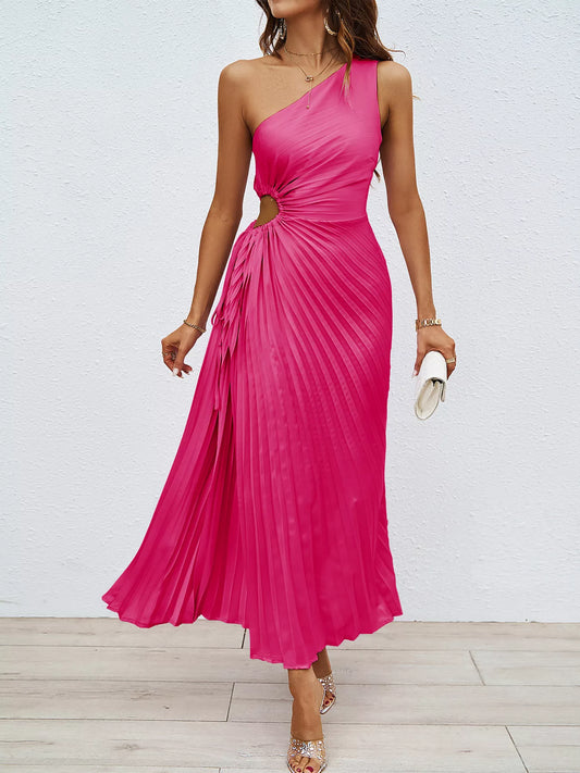 Marigold Collections Australia one-shoulder cutout pleated midi dress styled for formal or evening occasions.