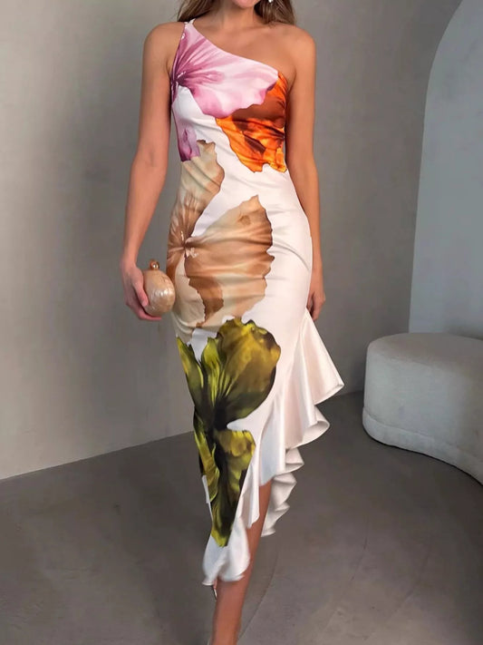 One-Shoulder Floral Ruffle Maxi Dress