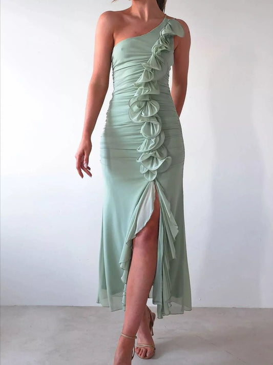 One-Shoulder Ruffle Maxi Dress green
