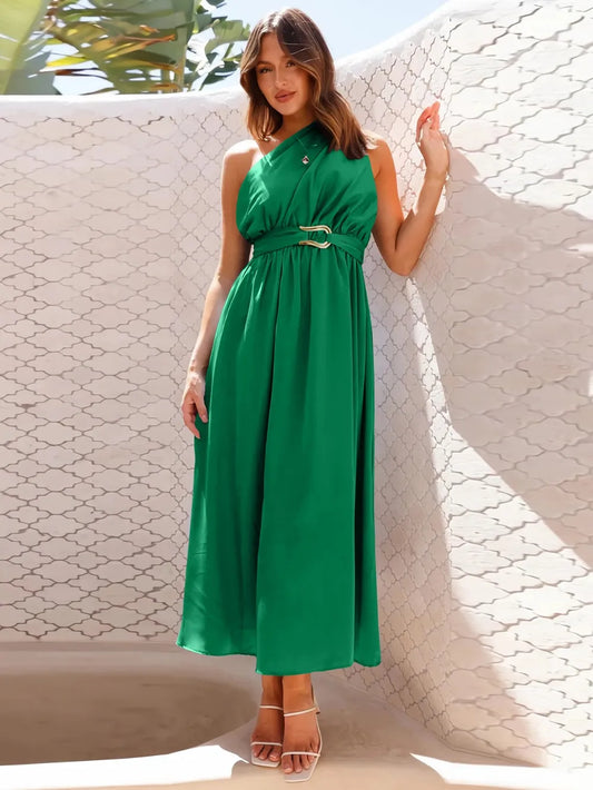One Shoulder Midi Dress - Elegant Formal Evening Dress for Women green