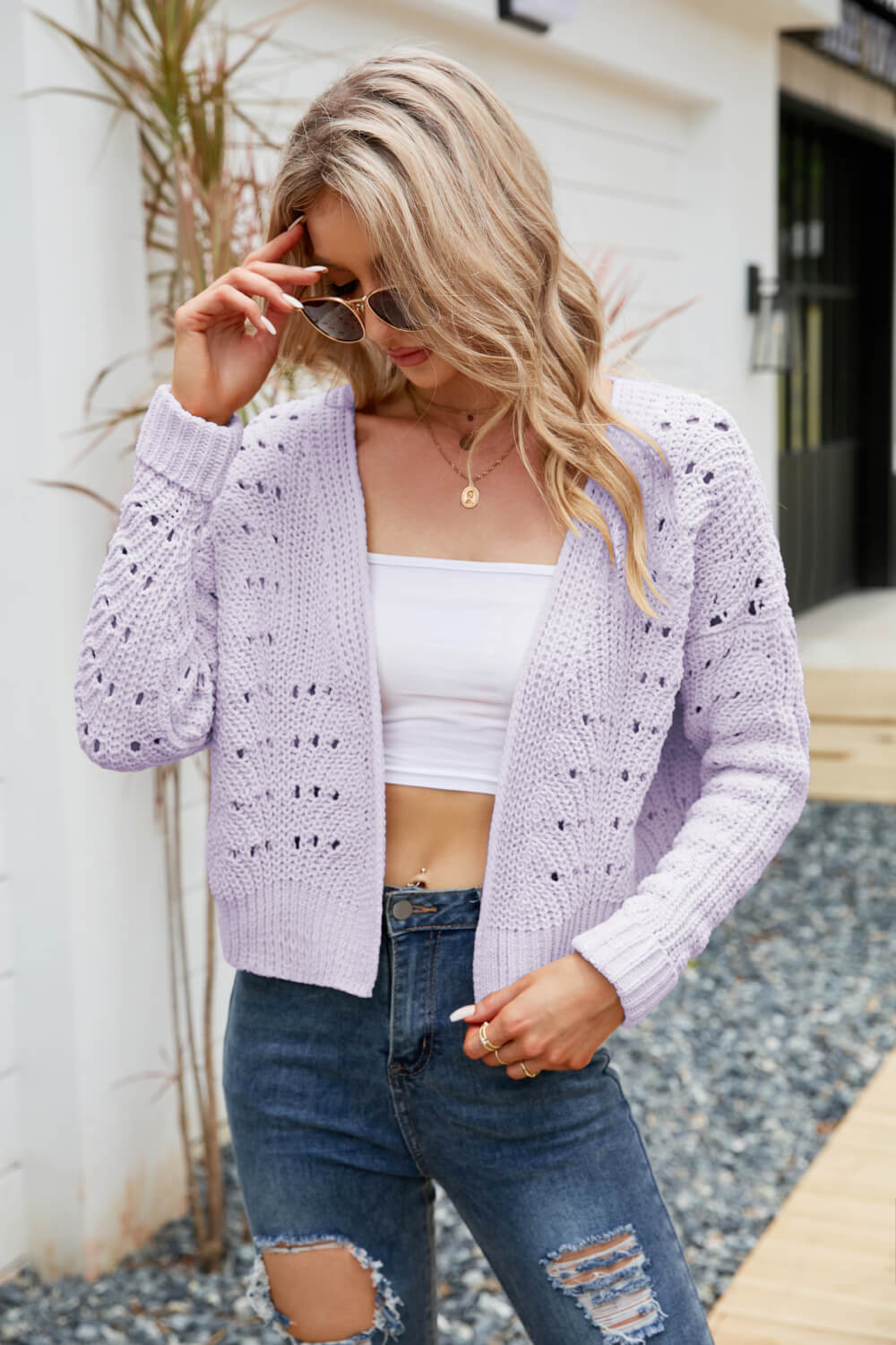 Open Front Cuffed Cropped Knit Cardigan