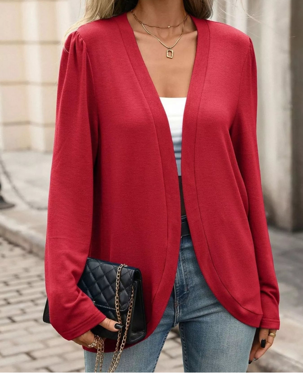 Open Front Long Sleeve Cardigan Lightweight Red
