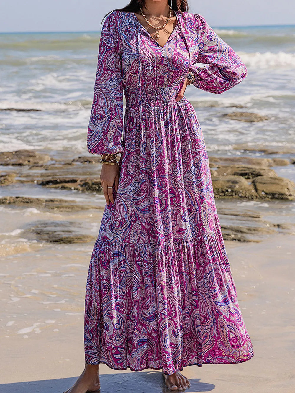 Paisley Maxi Dress - Tie Neck Balloon Sleeve Long Dress 