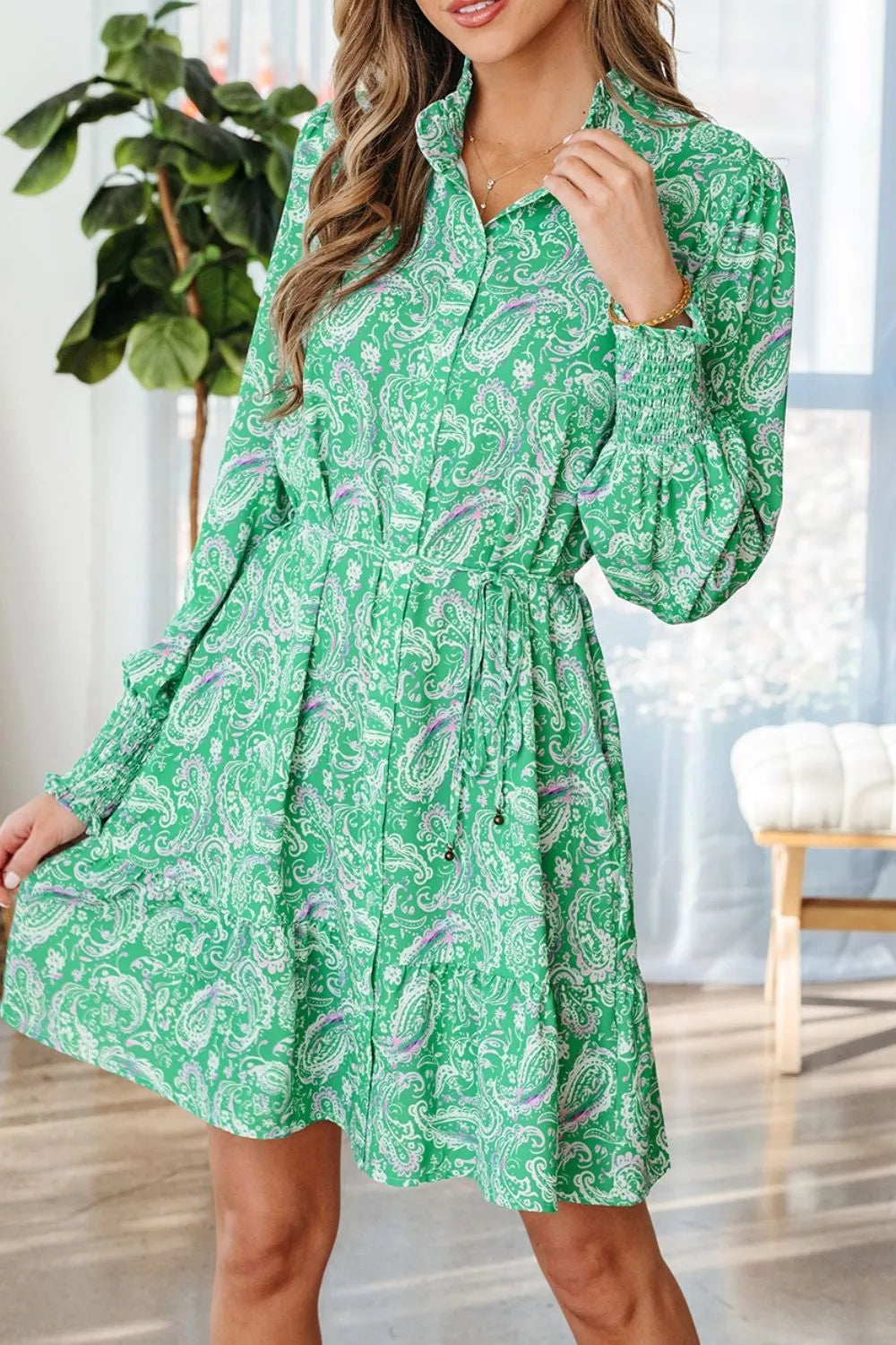 Paisley Print Button-Up Mini Dress with Smocked Cuffs