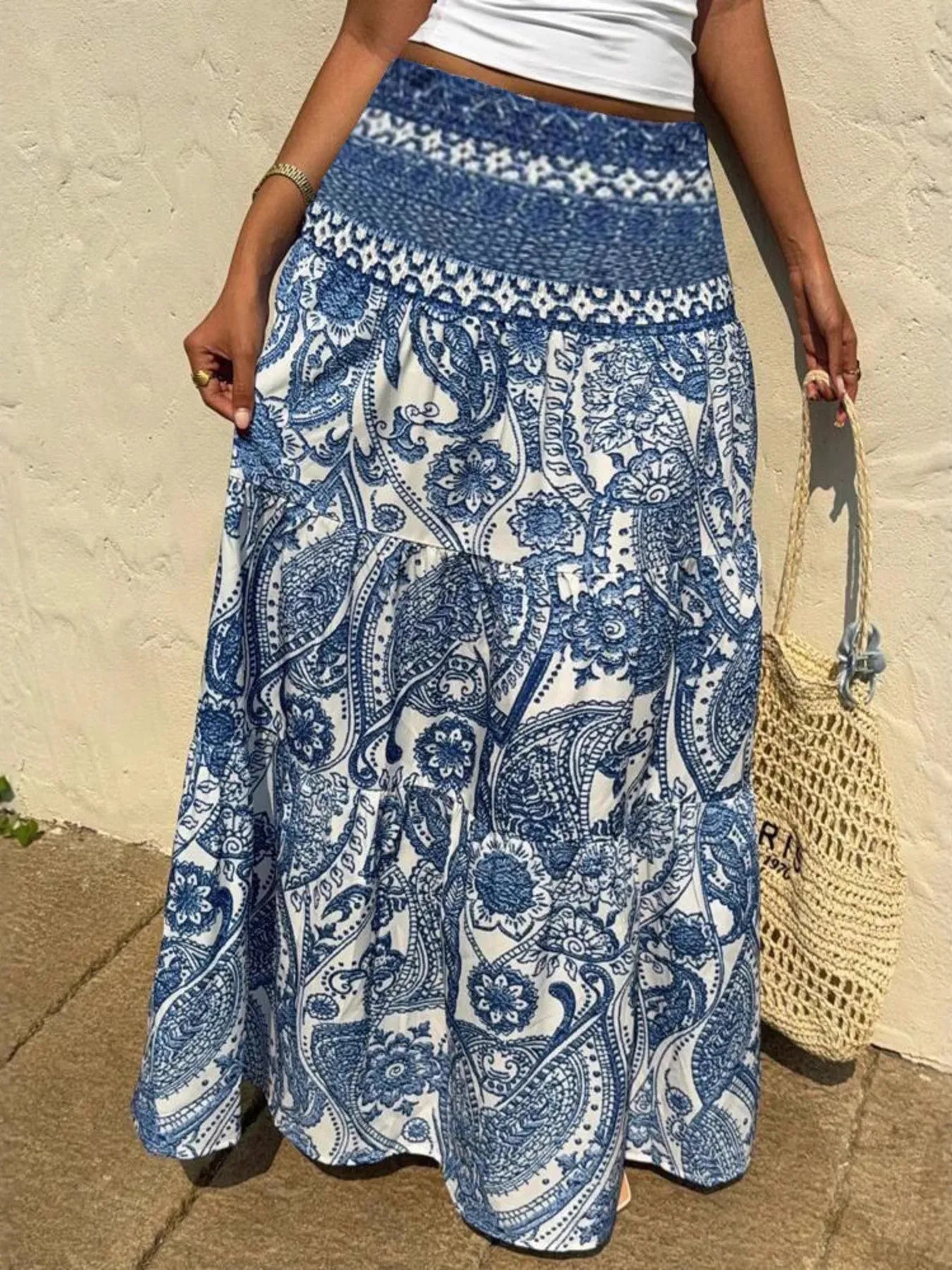 Paisley Print Tiered Maxi Skirt