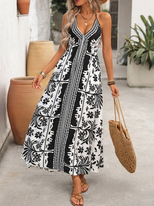Palm-Print Backless Halter Maxi Dress