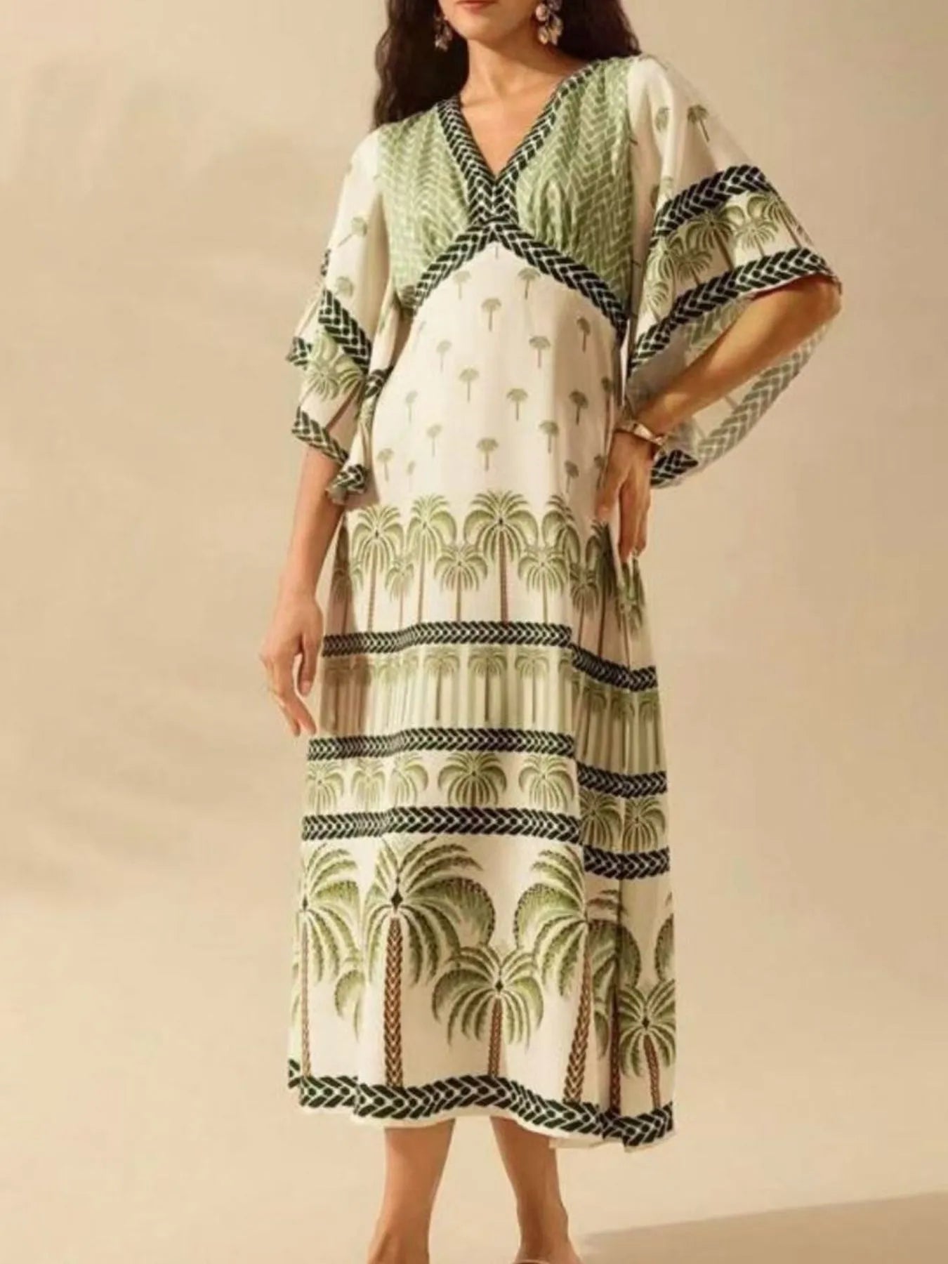 Palm Print Midi Dress Women V-Neck Floral Print Summer Dress green